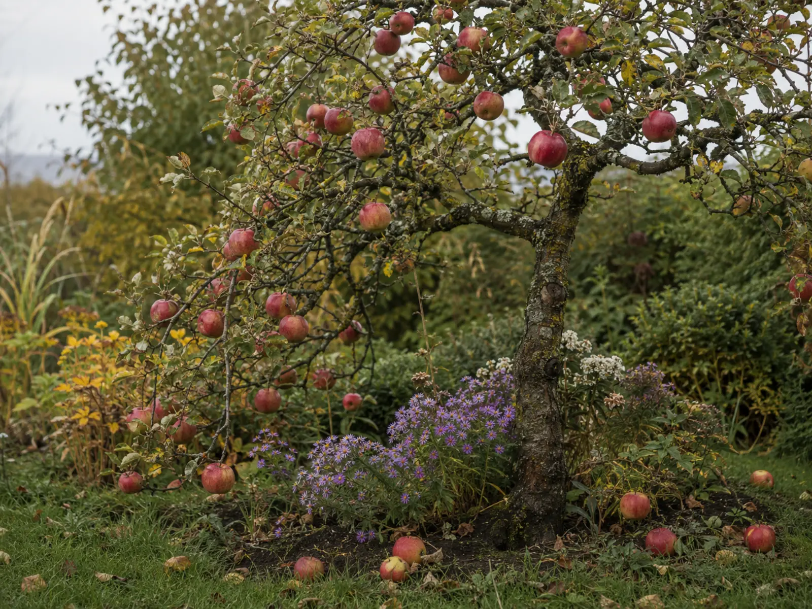 Reife rote Äpfel im herbstlichen Garten