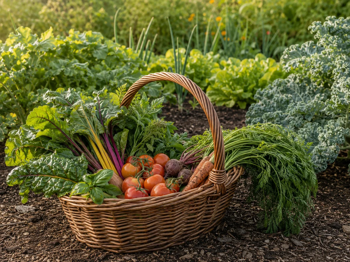 Korb mit Gemüse und Kräutern aus dem Garten