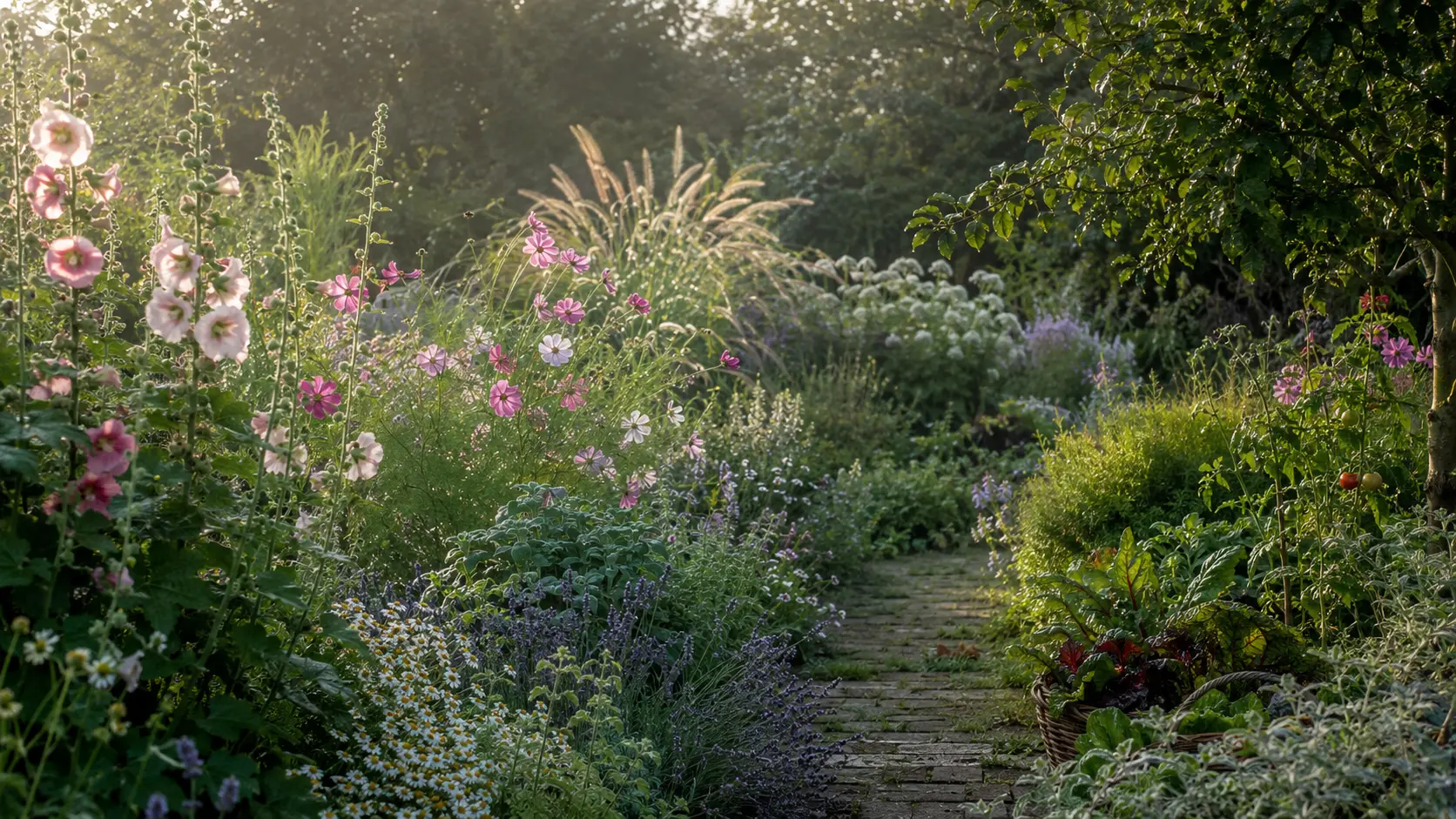 Üppig blühender naturnaher Garten im Morgenlicht